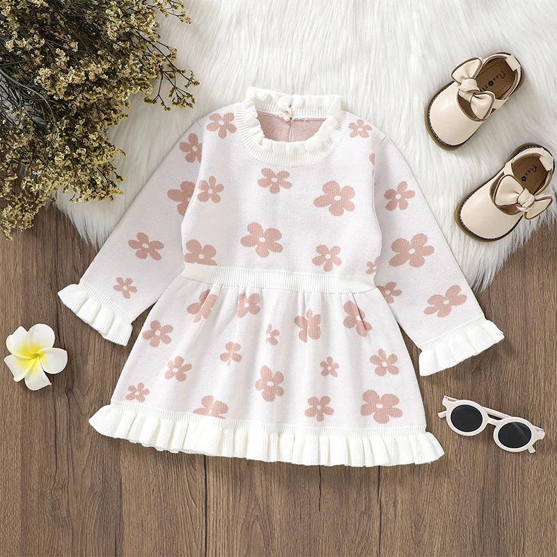 2024-06-13 Lioraitiin Toddler Kids Girl Long Sleeve Dress Casual Floral Print Ruffle Sweater A-Line Dress Baby Spring Clothes