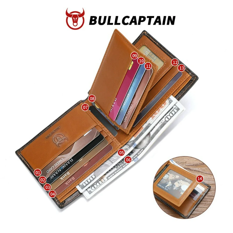 Men Short Genuine Leather Wallet, Anti-theft Swipe Design, Multi Card Slots Soft Top Layer Cowhide Business Money Clip