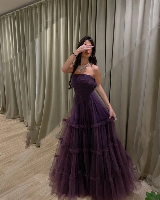 Dark Purple Prom Dress Tulle Formal Evening Dresses Sleeveless Strapless Party Gowns Women Graduation Homecoming Dress AliExpress