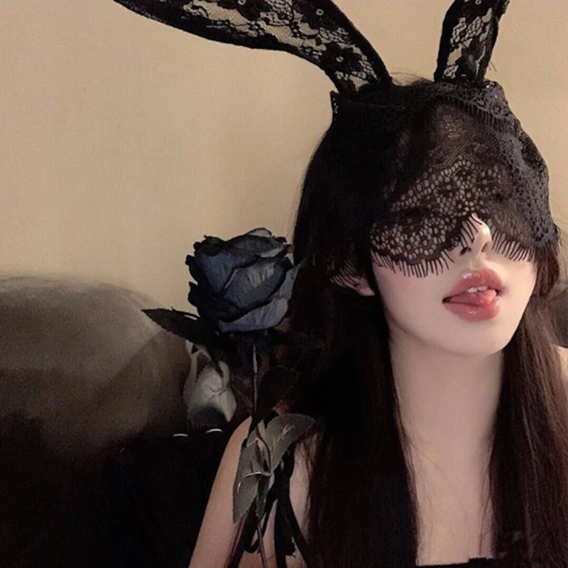 

Gothic Lace Rabbit Headband Bunny Ears Veil Black Women Girl Hairbands Eye Mask Halloween Party Headwear Accessories