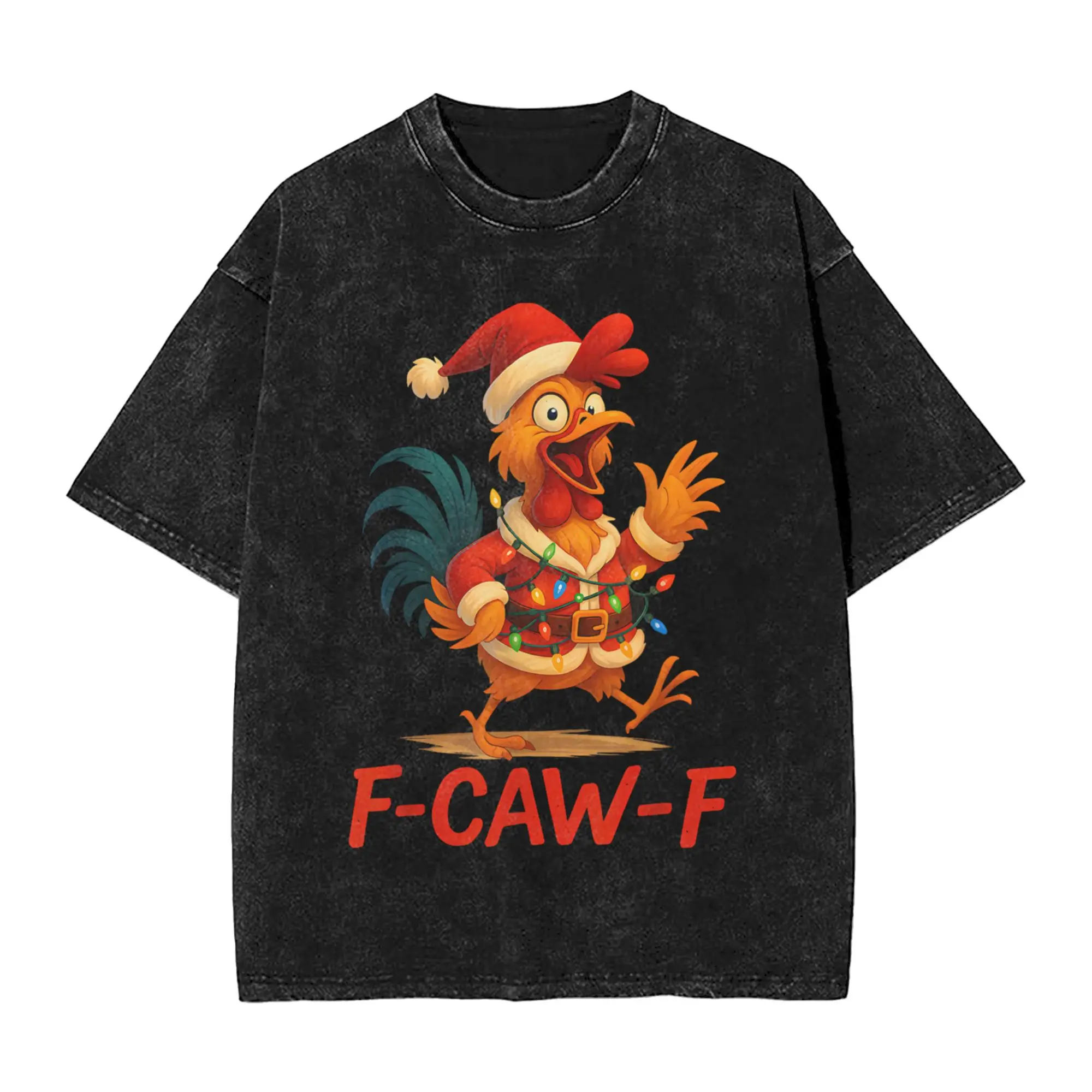 

Men Women's T Shirt Funny F-Caw-F Chicken Humor Santa Rooster Christmas Lights Washed T Shirts Summer Tees Tops Dropshipping