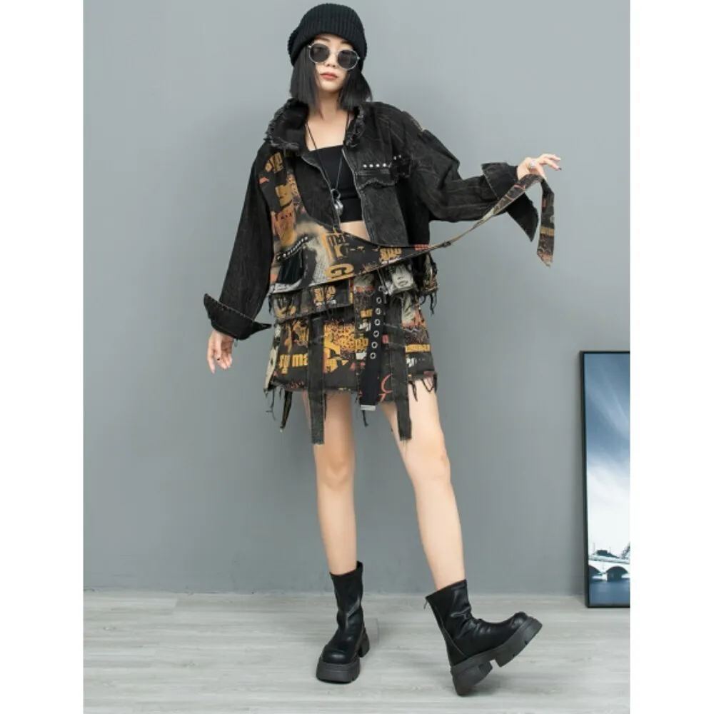 2024 Autumn Trendy Design Printed Dress Set Vintage Denim Long Sleeved Cardigan Jacket + Short Skirt Two-piece Set Women ZF229