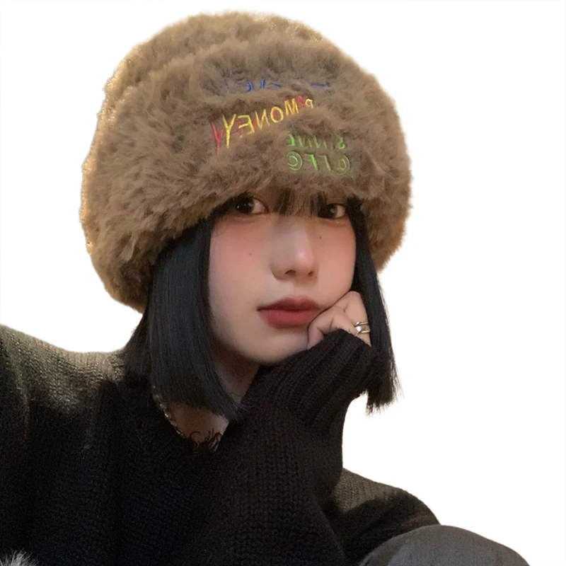 Bonnet en tricot en peluche pour femme, bonnet en fausse fourrure moelleuse, bonnet chaud coréen, bonnets de protection des oreilles pour femme, lettre de document solide, E27, hiver