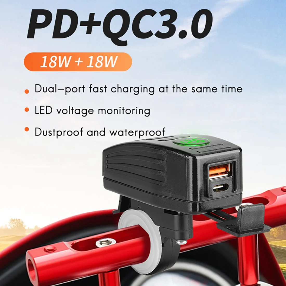 QC3.0 Fast Charge Type C PD Motorcycle USB Charger Port 12V Voltmeter Motos Power Adapter Kit Outlet Plug Switch