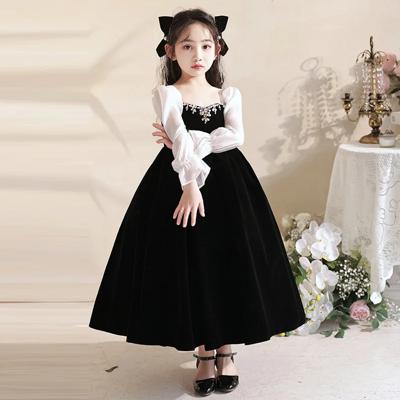 

Children's Dresses New Flower Girl Host Birthday Party Black Long Princess Gowns Girl Piano Performance Costume Customized