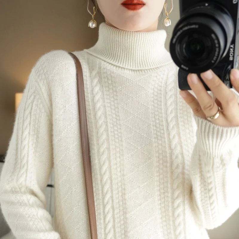 

2024 Autumn/Winter New High Neck 100% Pure Wool Casual Versatile Fashion Women's Woolen Sweater Woolen Sweater