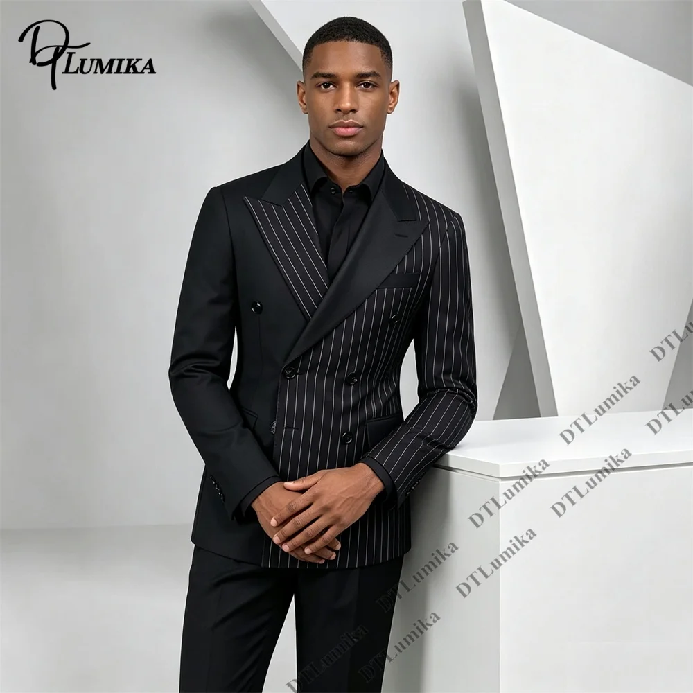 Versatile Two Pieces Business Suit Set for Men XXS-7XL 2 Piece Double Breasted Suit Pinstripe Half Pattern Blazer Slim Fit Pants