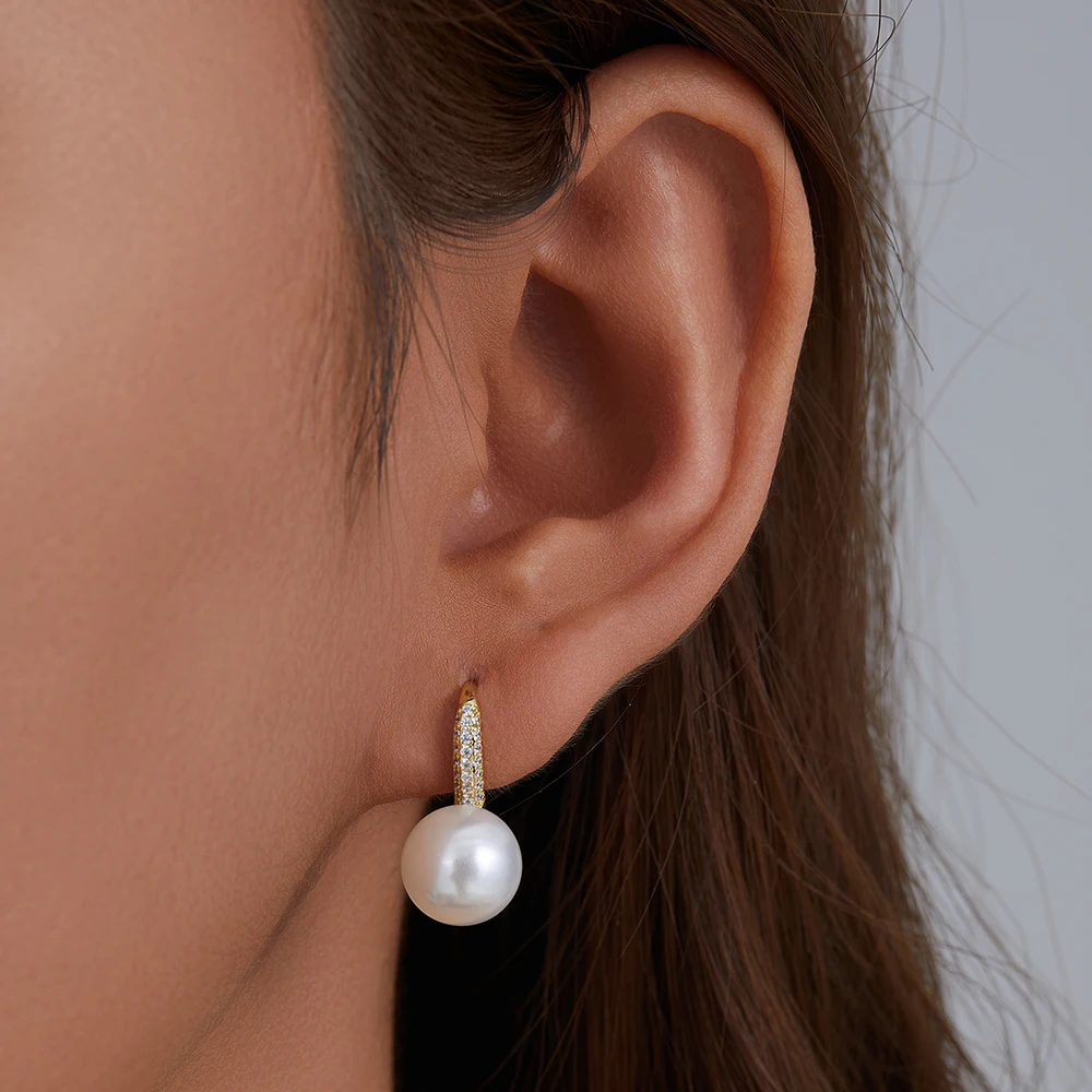 Micro-Set Zirconium High Heel Shoe Pearl Ear Hook S925 Sterling Silver Fashionable European And American Simple Mollusk Bead Ear