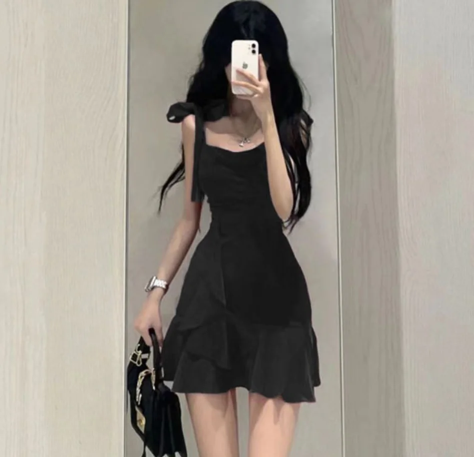 Vestido Midi Sexy elegante para mujer, vestido francés con borde con volantes, vestido informal con tirantes y cordones, vestido ajustado para fiesta, vestido acampanado 2025