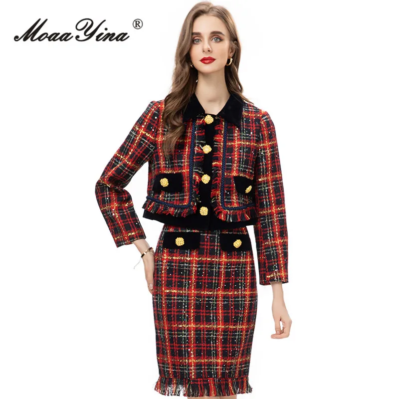 Imagem -03 - Conjunto de Saia Xadrez Vintage Moayina para Mulheres Botão Lapela Slim Coats Pacote de Borlas Moda Passarela Inverno Peças