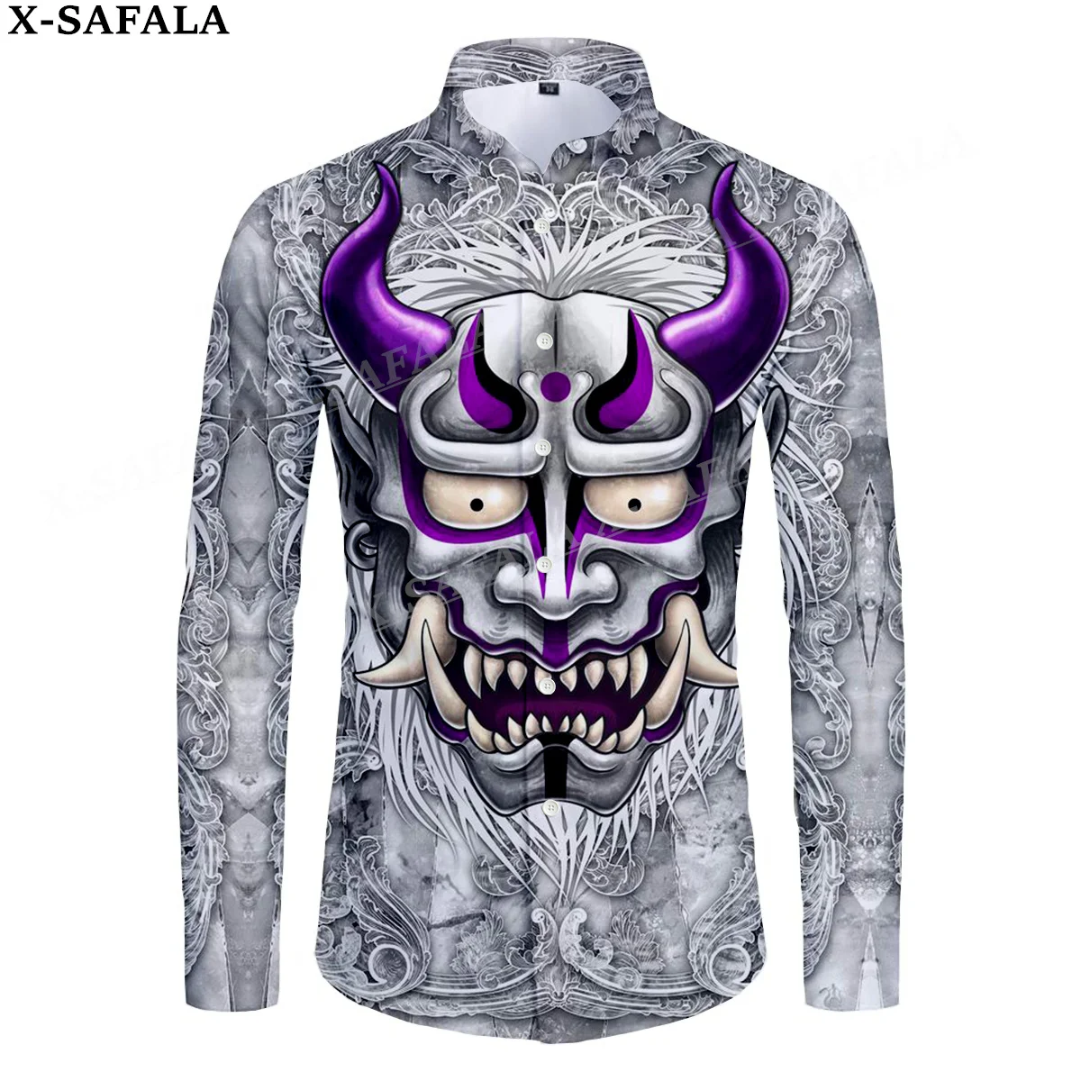 Samurai Oni Mask Tattoo 3D Print Men's Luxury Shirt Turn-down Collar Buttoned Up Long Sleeve Tops Hip Hop Streetwear Tees-3