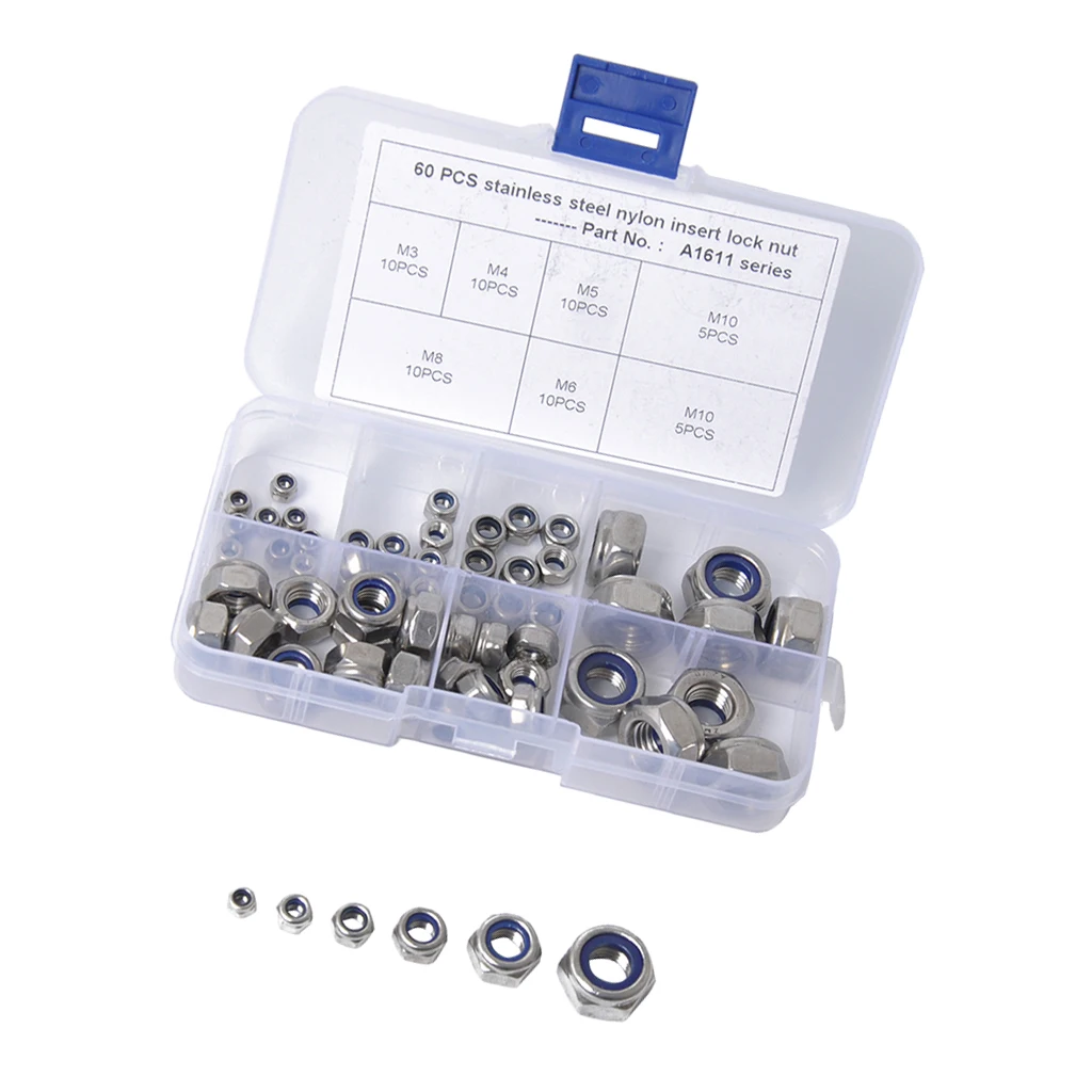 Nylon Insert Hex Lock Nuts, 304 Stainless Steel Lock Nut Assortment Kit for Hardware Accessories Finish Hex 60PCS