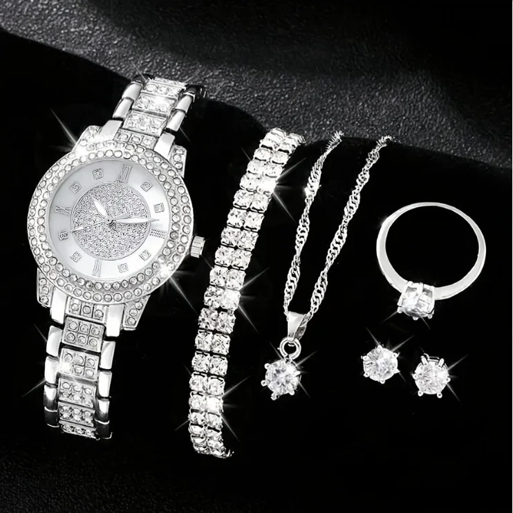 

Fashion Analog Wrist Watch & Jewelry Set 5pcs/set Women's Watch Luxury Rhinestone Quartz Watch Hiphop Gifts for Female Relojes