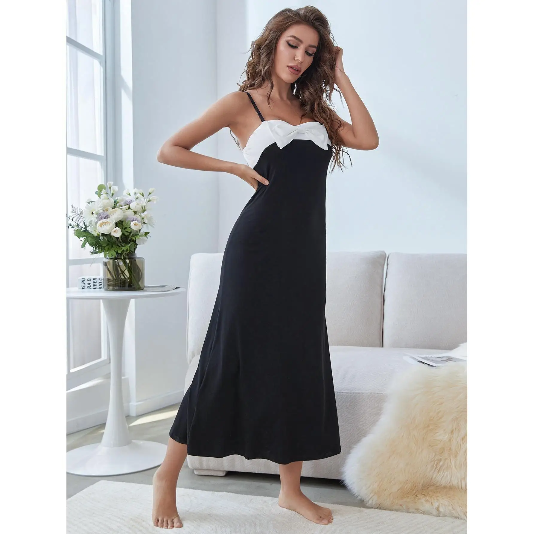 

Pajamas Summer Fashion Sexy Bow Spliced Long Pajama Women's Outwear Home Dress