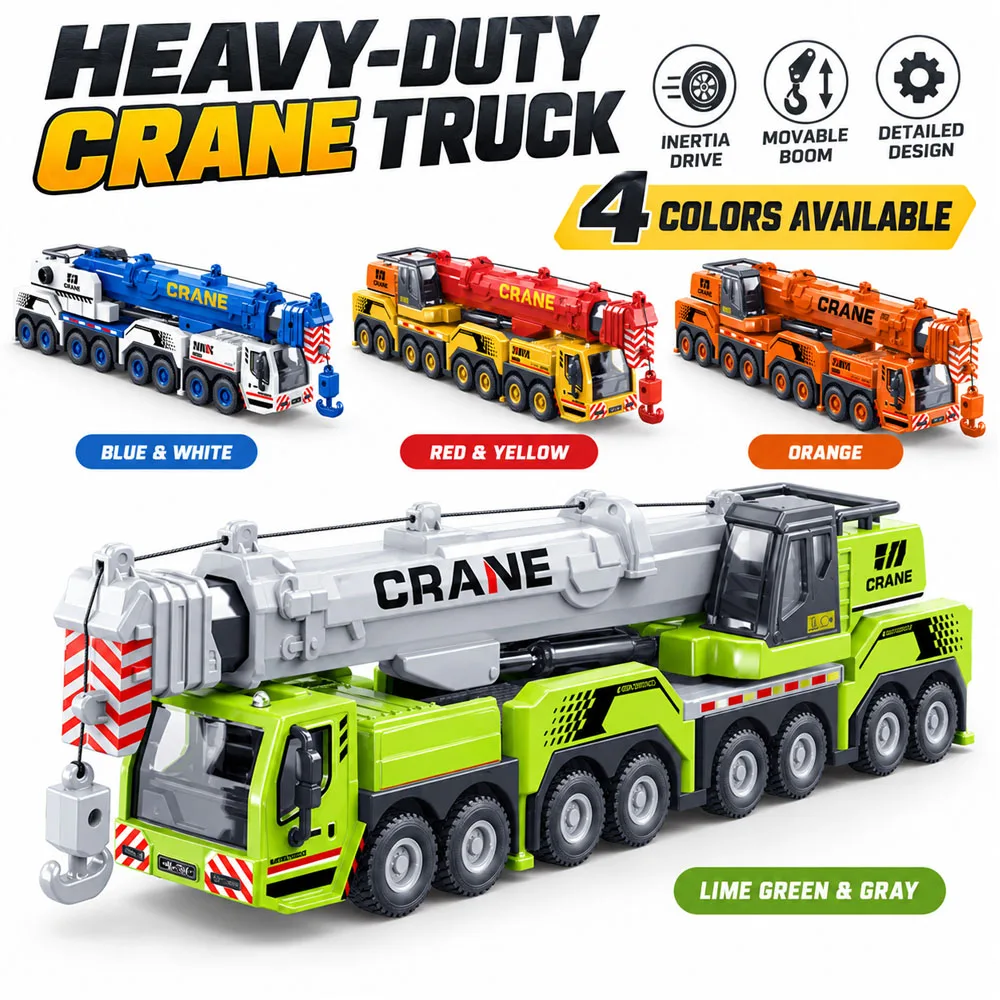 Heavy Duty Crane Truck Inertia Powered Construction Vehicle 360° Rotating Cab Extendable Boom Movable Hook Simulation Model