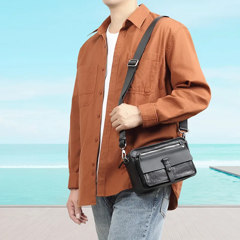 Real leather men's crossbody bag fashion commuting clamshell horizontal square shoulder bag for men