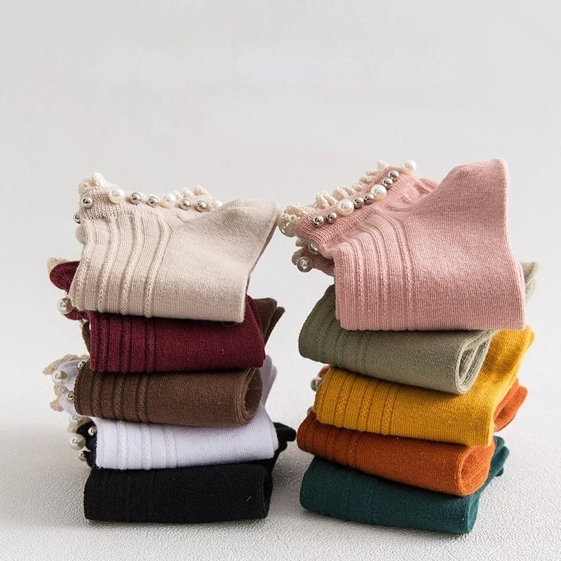 Spring and Autumn Socks Versatile Japanese Pearl Lace Socks Candy Color Cotton Socks Mujer Chaussette Femme