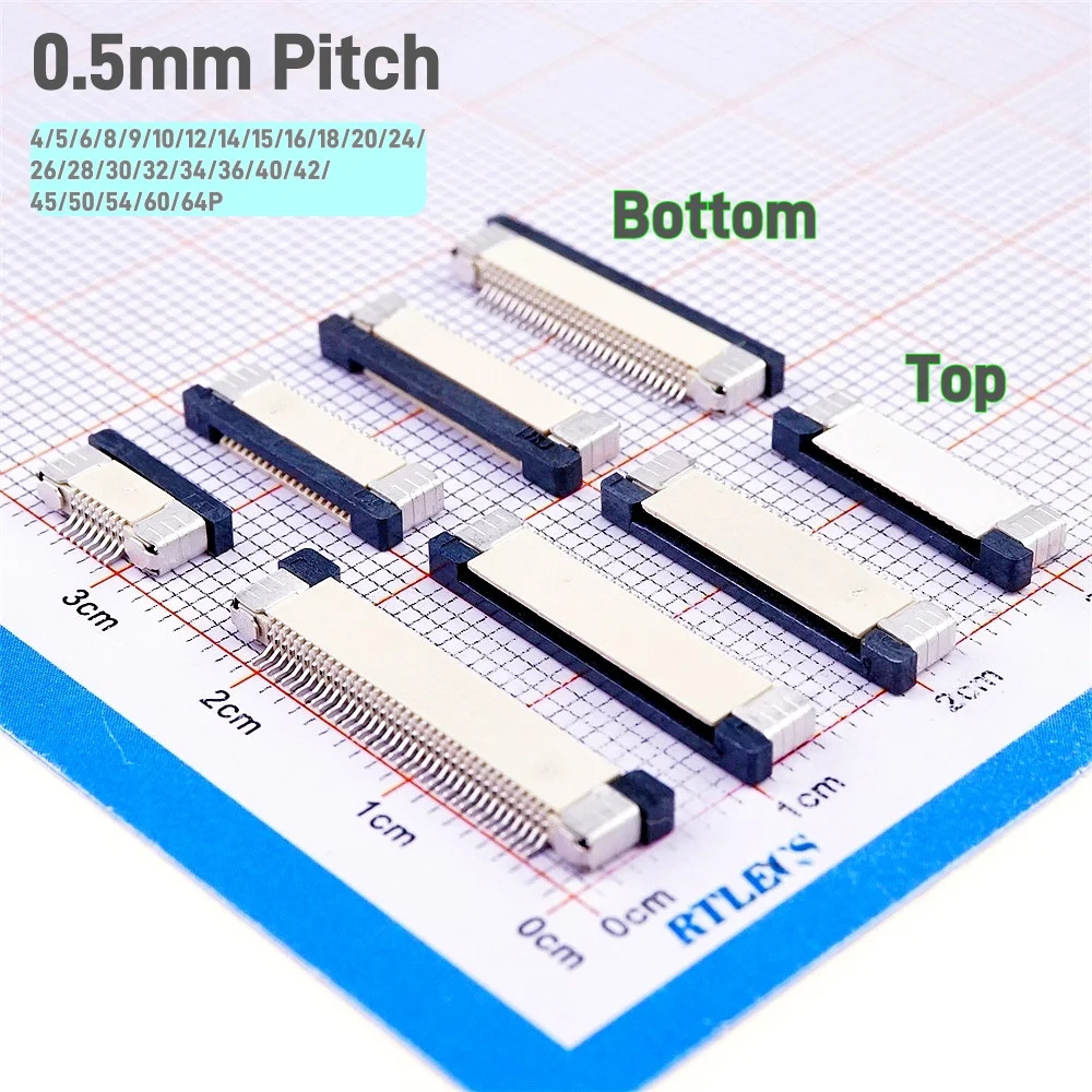 

100Pcs FPC FFC Connector Receptacle 0.5 MM 4 6 8 10 12 14 15 16 18 20 24 26 30 32 34 36 40 50 54 60 64Pin Top Bottom Contact SMT