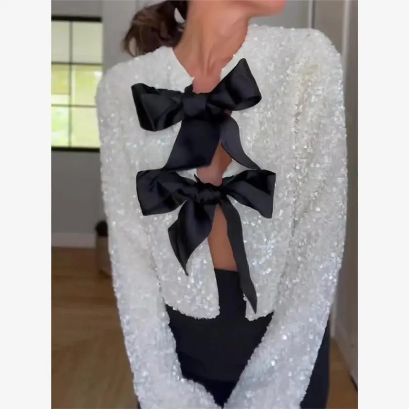 Primavera 2024 Cappotto lungo sexy da donna Sve ort Papillon anteriore con paillettes Street Sle Slim Fit Regular Thin Summer