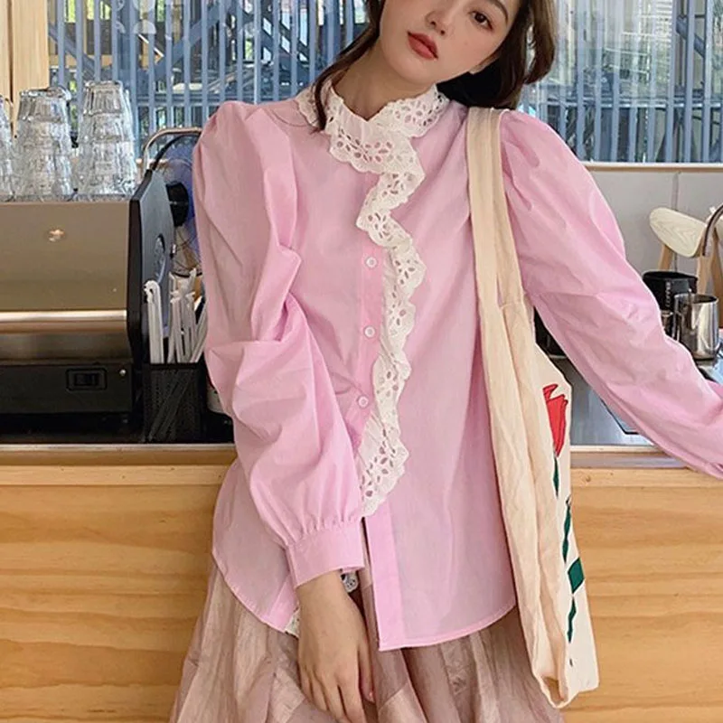 

Spring New Lace Embellishment Puff Sleeve Shirt Women Loose Blue Sweet Westernization All-match Long Sleeved Lace Stand-up Tops