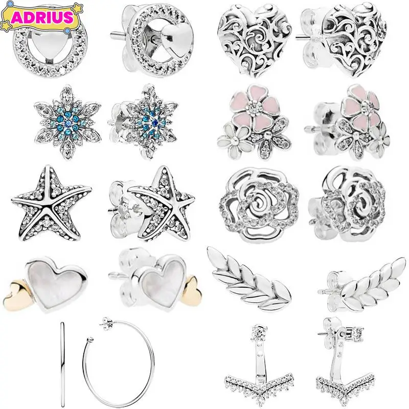 

925 Sterling Silver Stud Earring Starfish Flower Family Heart Snowflake Hoop Earring For Women Making Wedding Party Jewelry Gift