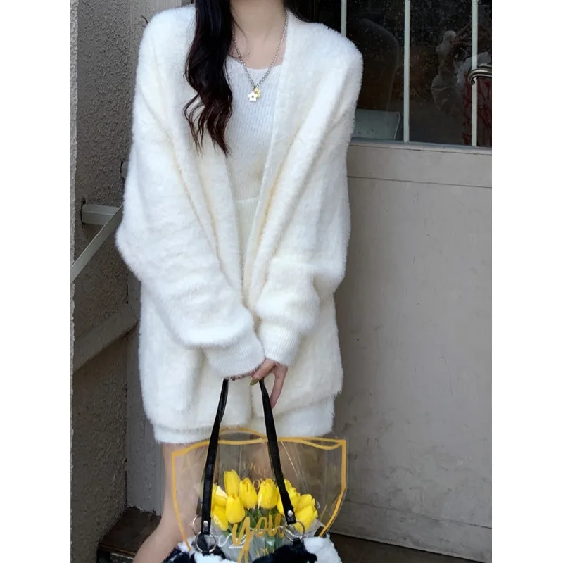 Feminino chique solto emagrecimento pele macia vison camisola de malha casaco longo sve meados de comprimento cardigan suave sle inverno outerwear