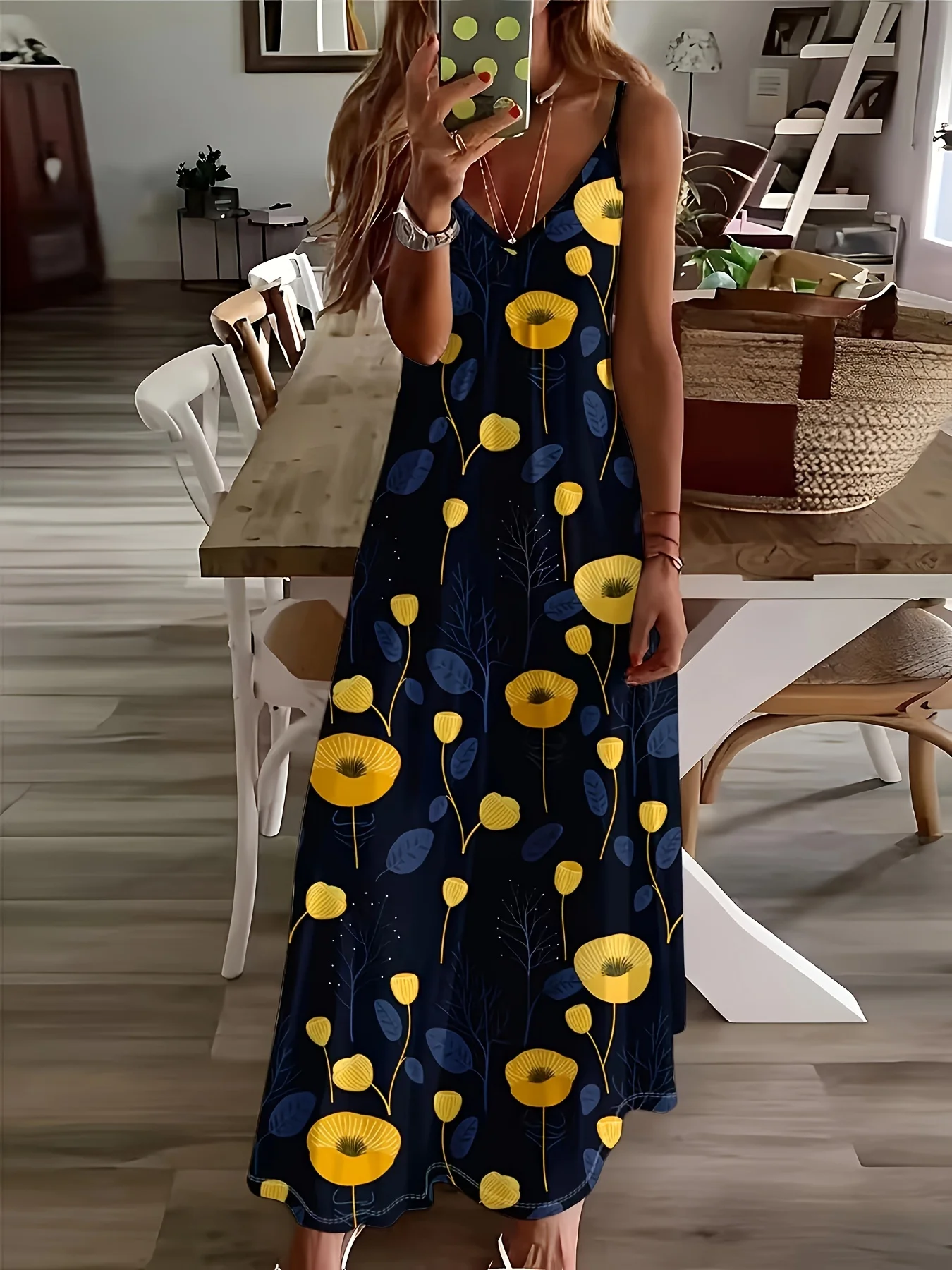 Printed Design Casual Style Yellow Flowers Blue Leaves Pattern Women's Dress
