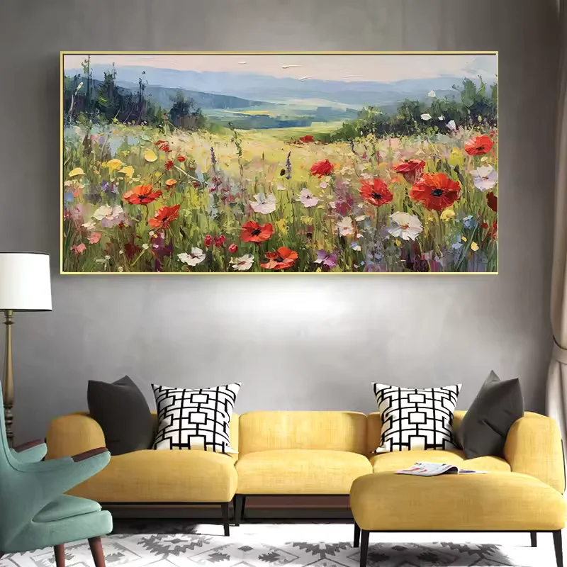 Wildflower Field Landscape Canvas Painting Country Field Flowers Poster and Print Vintage Boho Art Wall Art Home Decor Picture