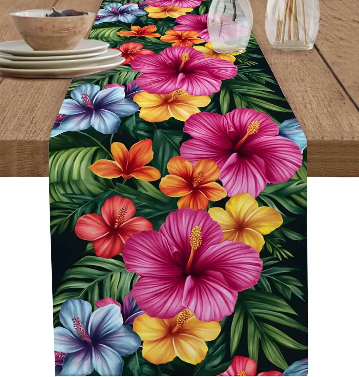 Tropical Hibiscus Flower Leaf Linen Table Runner Dresser Scarf Table Decor Farmhouse Kitchen Dinning Table Runner Party Decor