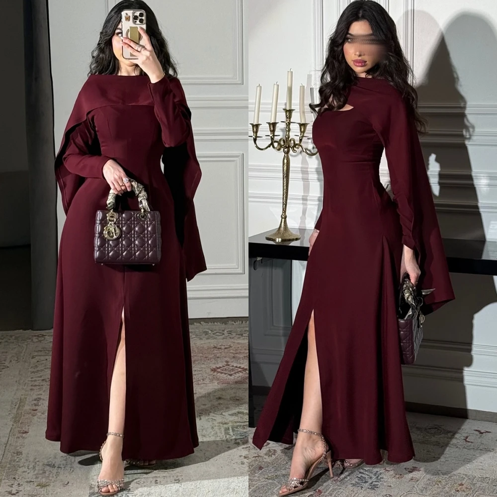 

Customized Luxury Jersey Boat Neck Evening Dress Delicate Front Slit Prom Dress Temperament Long Sleeves Special Occasion Gowns