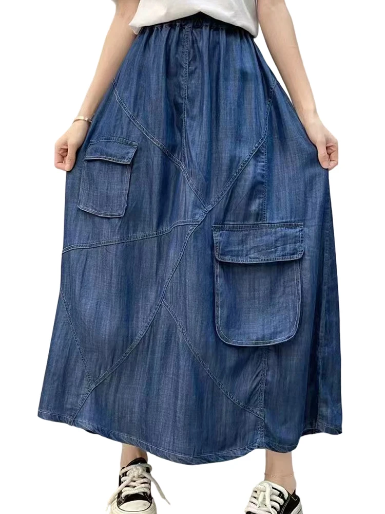 Amax luluE Korean Summer Womens Fashion Denim Casual Skirts Loose A-line Clothes Females Luxury Vintage Elastic Waist Streetwear
