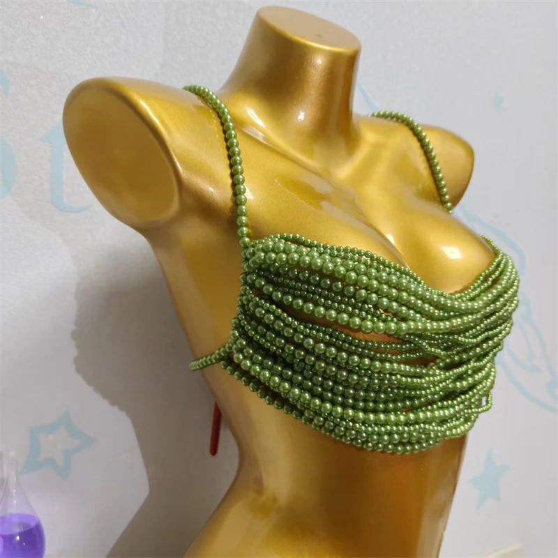 Damen Perlen-Körperkette BH Sexy Mehrlagiges Perlen-Y2K-Crop-Top Spaghetti-Träger Strand-Bikini-Überzug футболка+женская 2026 – Detail 14