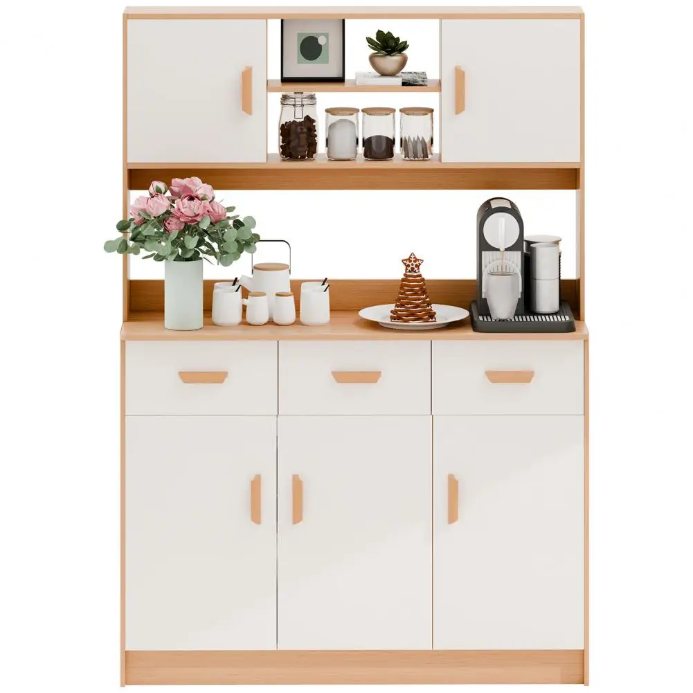 Kitchen Pantry Storage Cabinet, Hutch Cabinet with Buffet Cupboard, Sideboards with Microwave Stand, 3 Drawers, 5 Doors