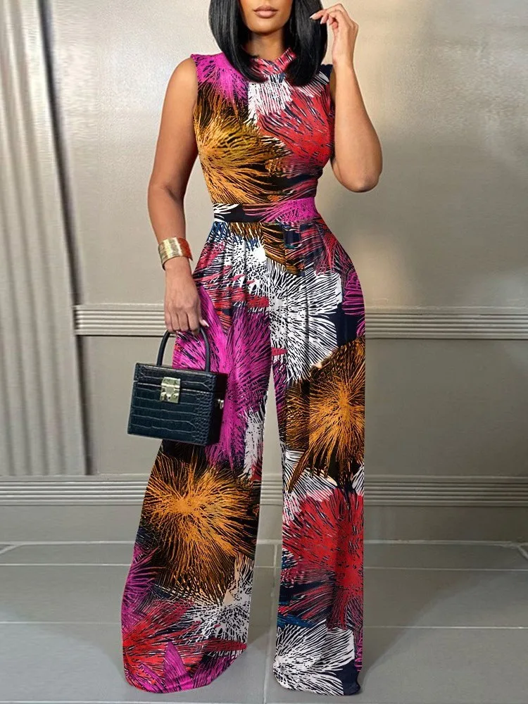 Elegant Women Wide Leg Long Juumpsuit 2024 Spring Summer Fashion Printed Sleeveless Casual Holiday Bodysuits Jumpsuits Trousers