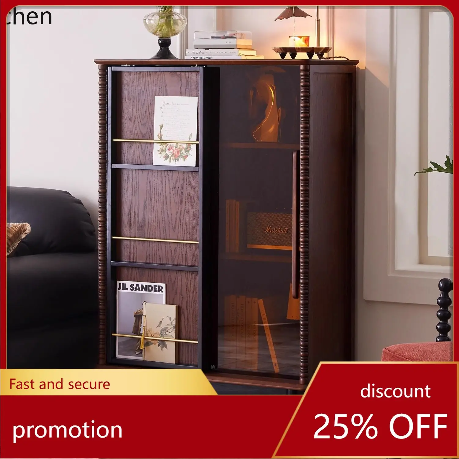 

ZML Solid Wood Display Bookcase with Glass Door for Living Room Home Storage Cabinet