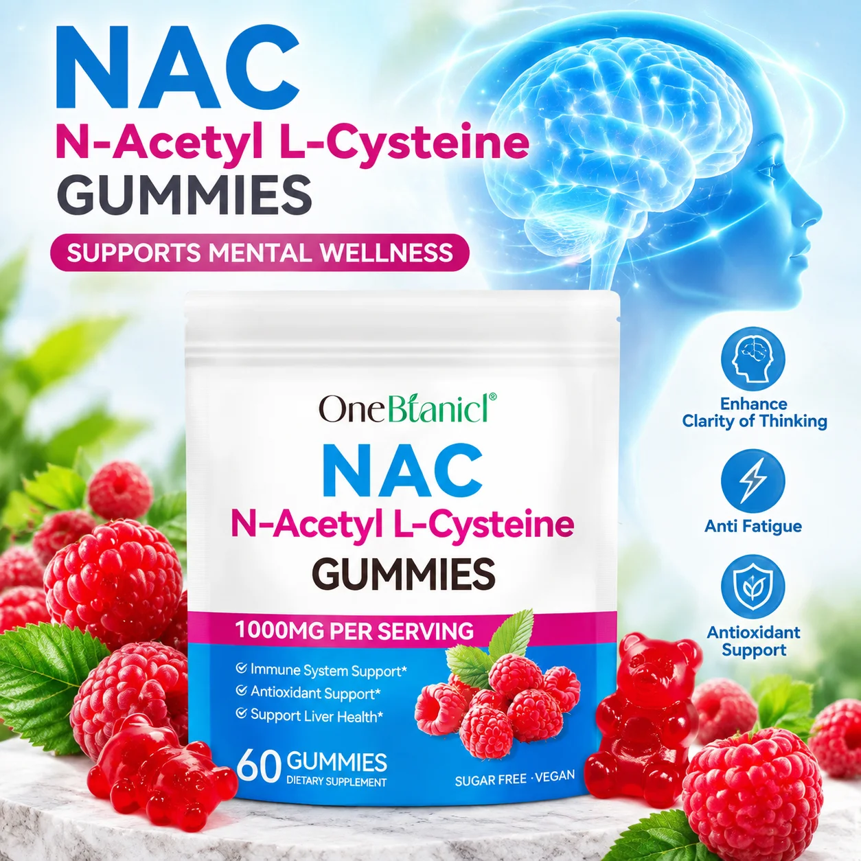 NAC N-Acetyl L-Cysteine Gummies Anti Fatigue Enhance Clarity of Thinking Antioxidant Vegan Sugar Free Pectin-Based 60 Gummies