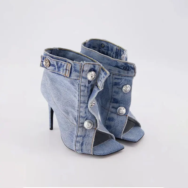 Women\'s Square Head Fish Mouth Open Toe Ultra High Heel Denim Personalized Button Decoration and Ankle Short Boots