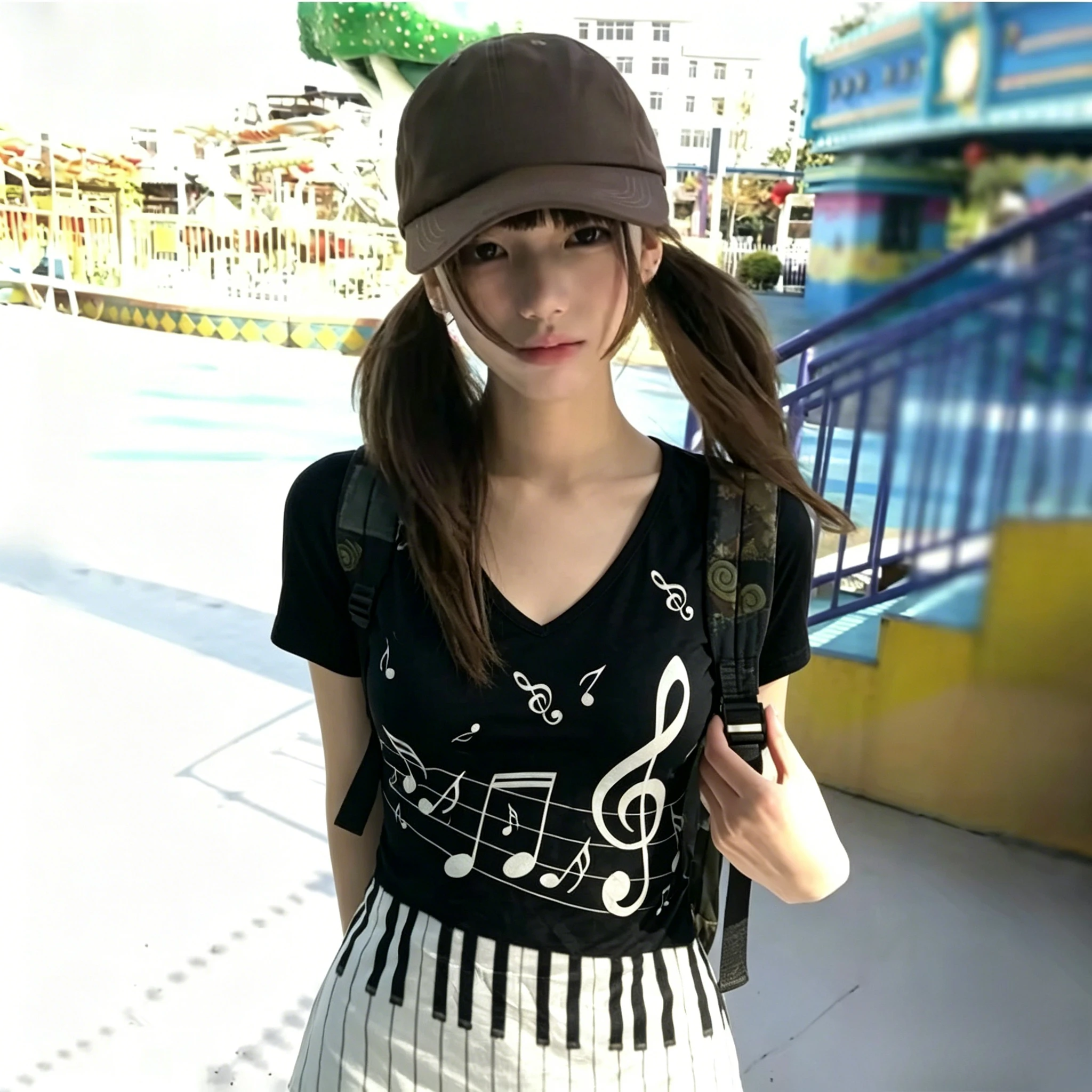 American Piano Key Print Subcultre Japanese Vintage Y2k T-shirt Tops Short Sleeve Harajuku V-neck Tee Retro Female New Clothing