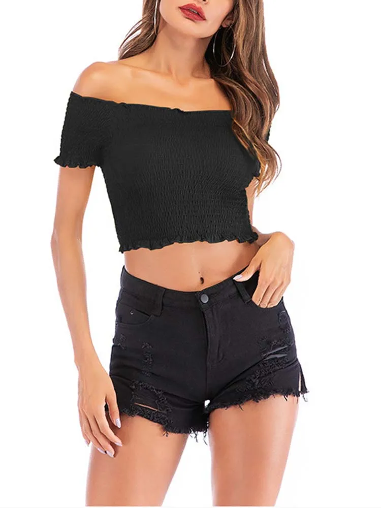 Tops cortos de moda de verano para mujer, camisetas cortas informales de manga abombada con cuello oblicuo para playa