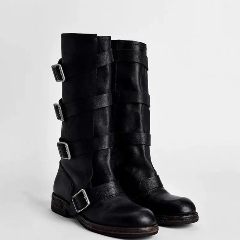 

New Fashion Women's Vintage Woman Knight Knee High Boots Shoes Ladies Elegant Thick Low Heel Belt Buckle Western Cowboy Boots