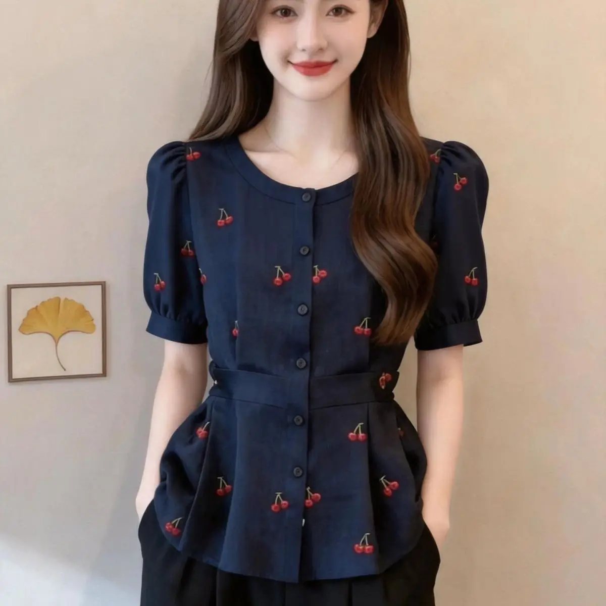 Fashionable Comfortable Simple Commute Stylish Design Waist-Cinching Cherry Shirt Women's Top New Summer 2026 Style