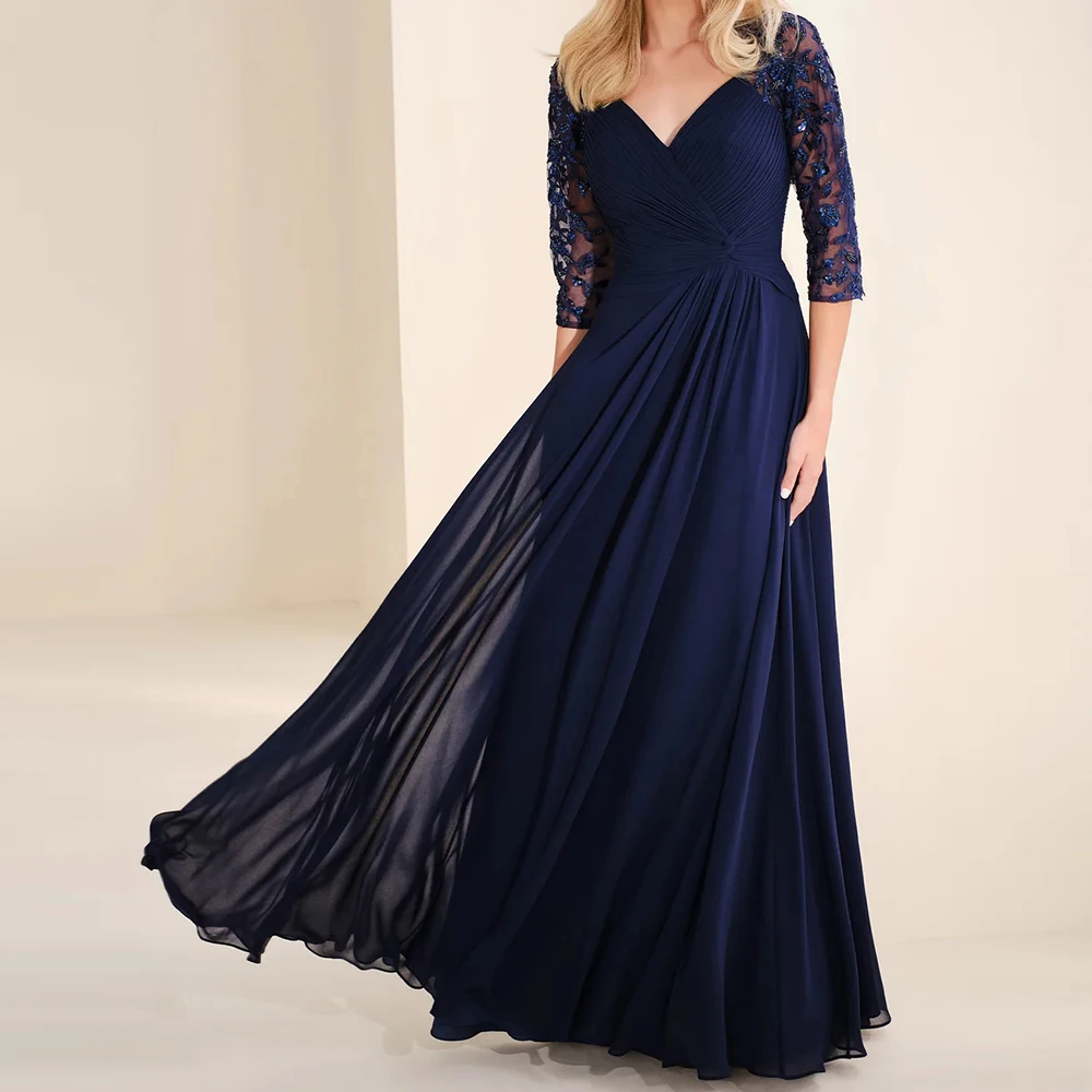 

Customized A-line Evening Dresses Floor-length V-neck Three Quarter Sleeve Prom Gown Fashion Lace Sequined Draped Party Gown