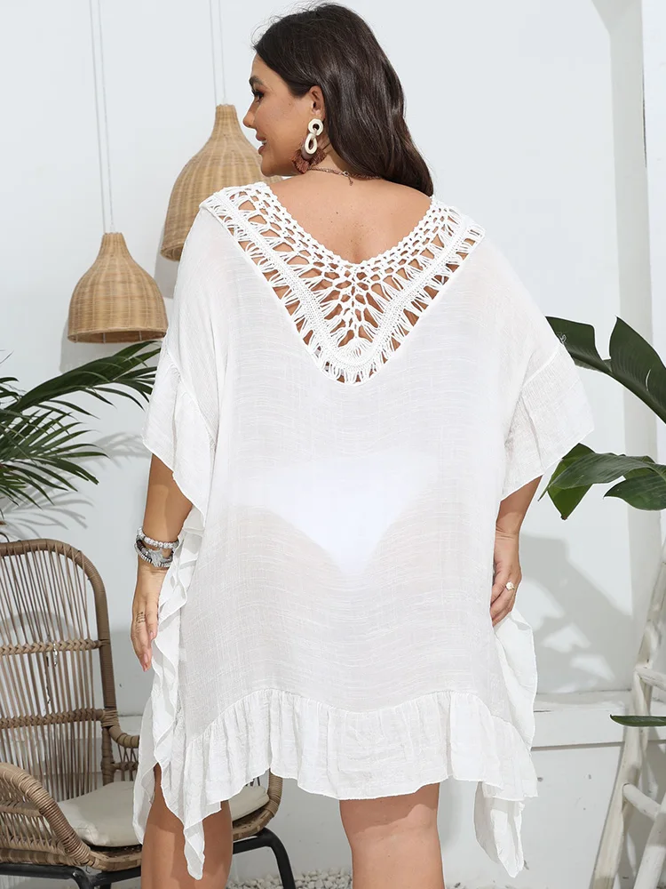 GIBSIE Plus Size Swimsuit Cover Ups Women Beachwear Sexy Hollow out Ruffle Hem Beach Dress Female Bathing Suit Bikini Cover Up