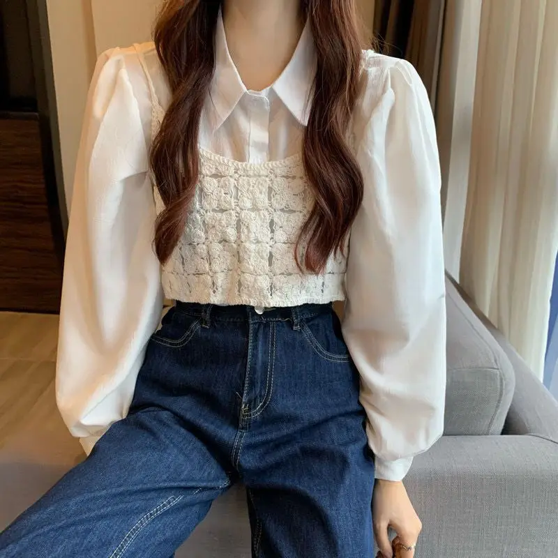 Spring Woman Clothing Hook Flower College Style Top Pleated Chiffon Shirt Leisure Loose Sweet Refreshing Youth All-match Niche