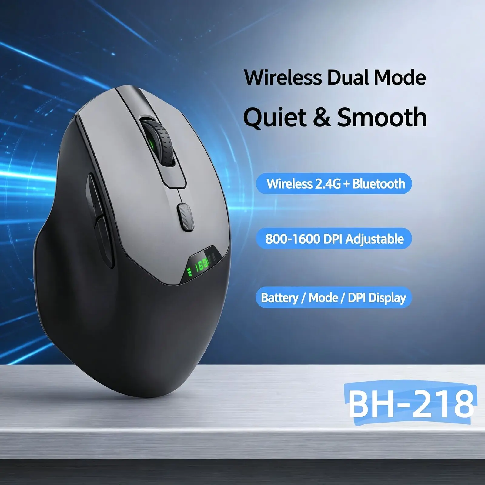 Wireless Dual Mode Ergonomic Mouse 2.4G & Bluetooth 5.0 1600 DPI 6Keys Silent Click Mouse with LED Display for Laptop PC Tablet