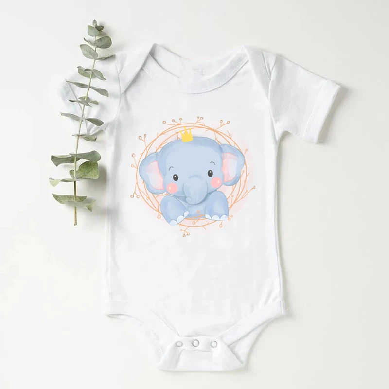 

Lovely Cartoon Elephant Baby Bodysuit White Cotton Newborn Short Sleeve Boys Rompers Girl Jumpsuit Infant Playsuit