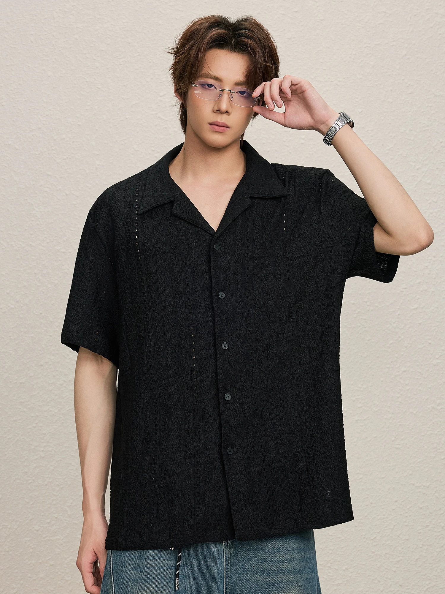 ALLIN Men's Summer Casual Shirt Breathable Lightweight Hollow out Texture Loose Fit American Style Versatile Comfortable Top