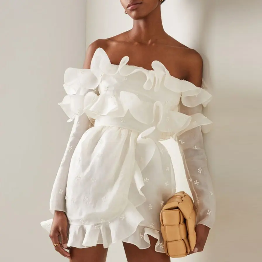 

Off Shoulder Long Sleeve Party Dress Ruffles Chiffon Dress White Mini Dress Casual Women's Dresses Plus Size Women's Dress