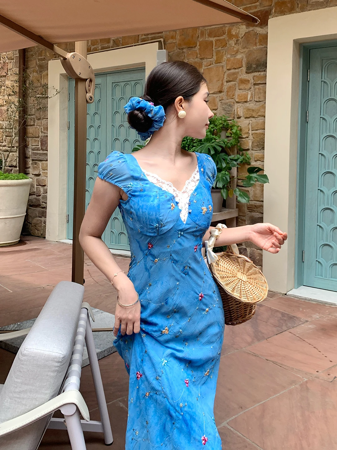 Ele Blauw Geborduurde Lange Taille-Cinching Square-Ne Dr Dames High-End Afslankende Bloemen Wrap Around Rok Dr