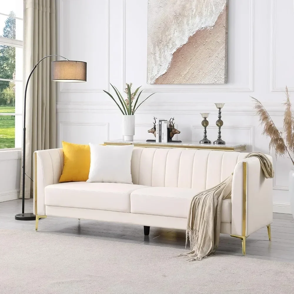 Modern Couches for Living Room, Comfy, Faux Leather Sofa 3 Seater Sofa with 2 Throw Pillows and Gold Metal Legs